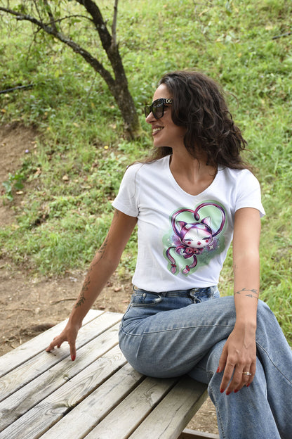 CAMISETA "GATITO" DE FLOR DE CEREZO CON DISEÑO ORIGINAL