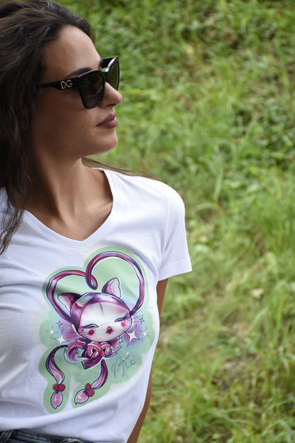 CAMISETA "GATITO" DE FLOR DE CEREZO CON DISEÑO ORIGINAL